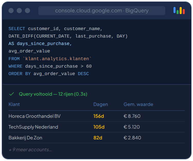 Google BigQuery query resultaten