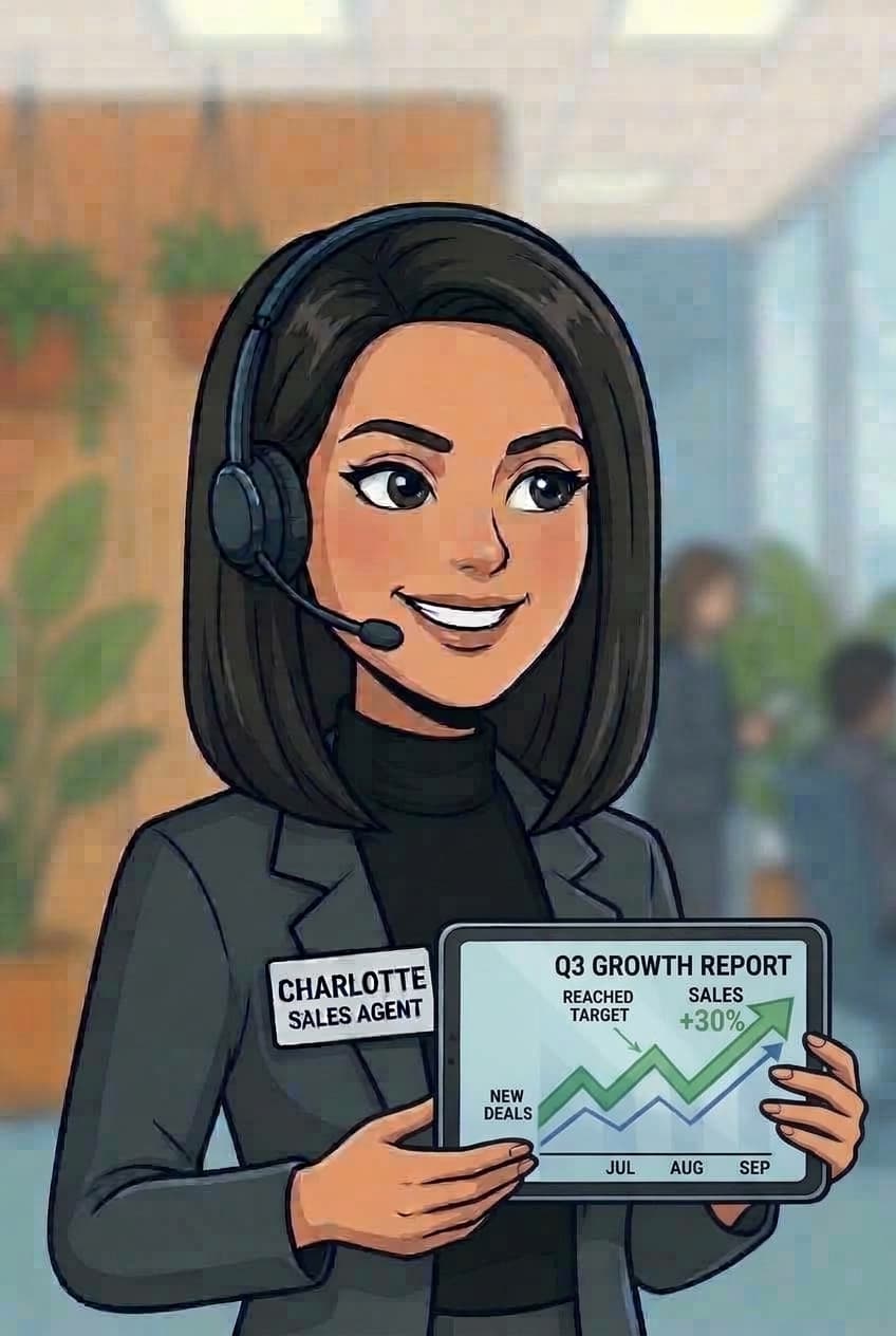 Charlotte, Sales Agent, met een tablet vol verkoopcijfers