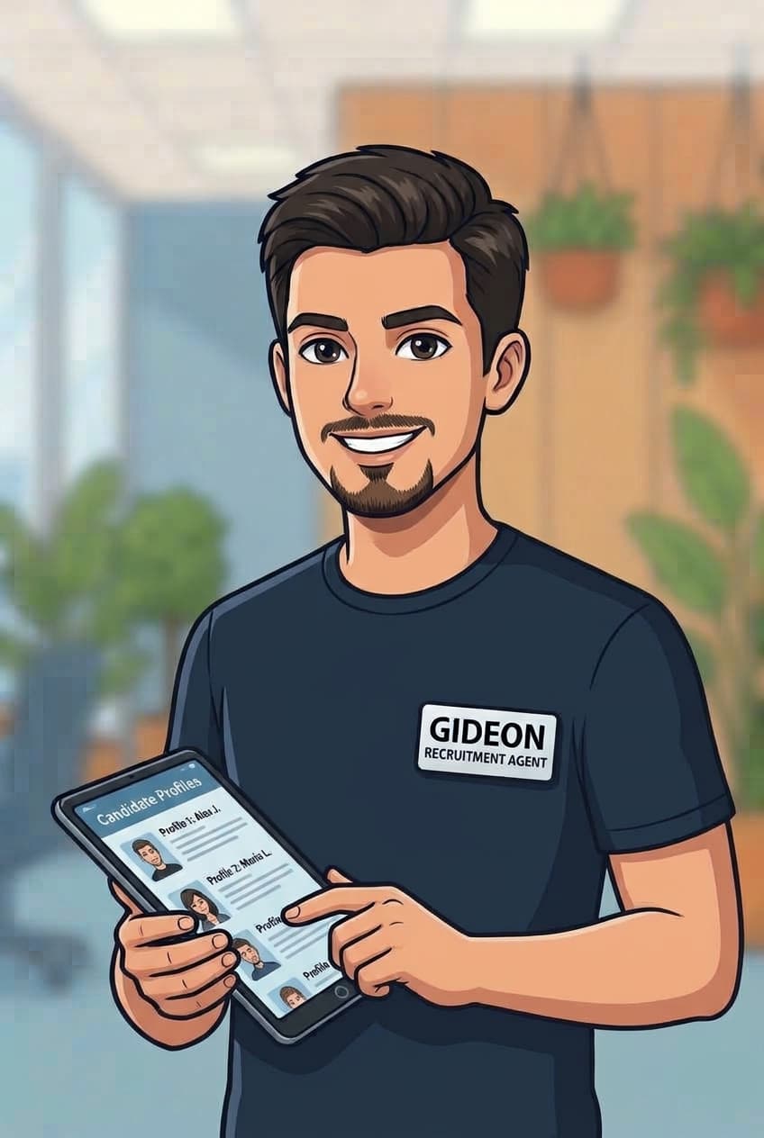 Gideon, Recruitment Agent, met een tablet vol kandidaten