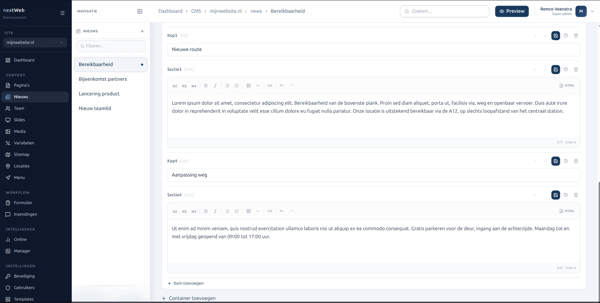 nextWeb contentbeheer en preview functie